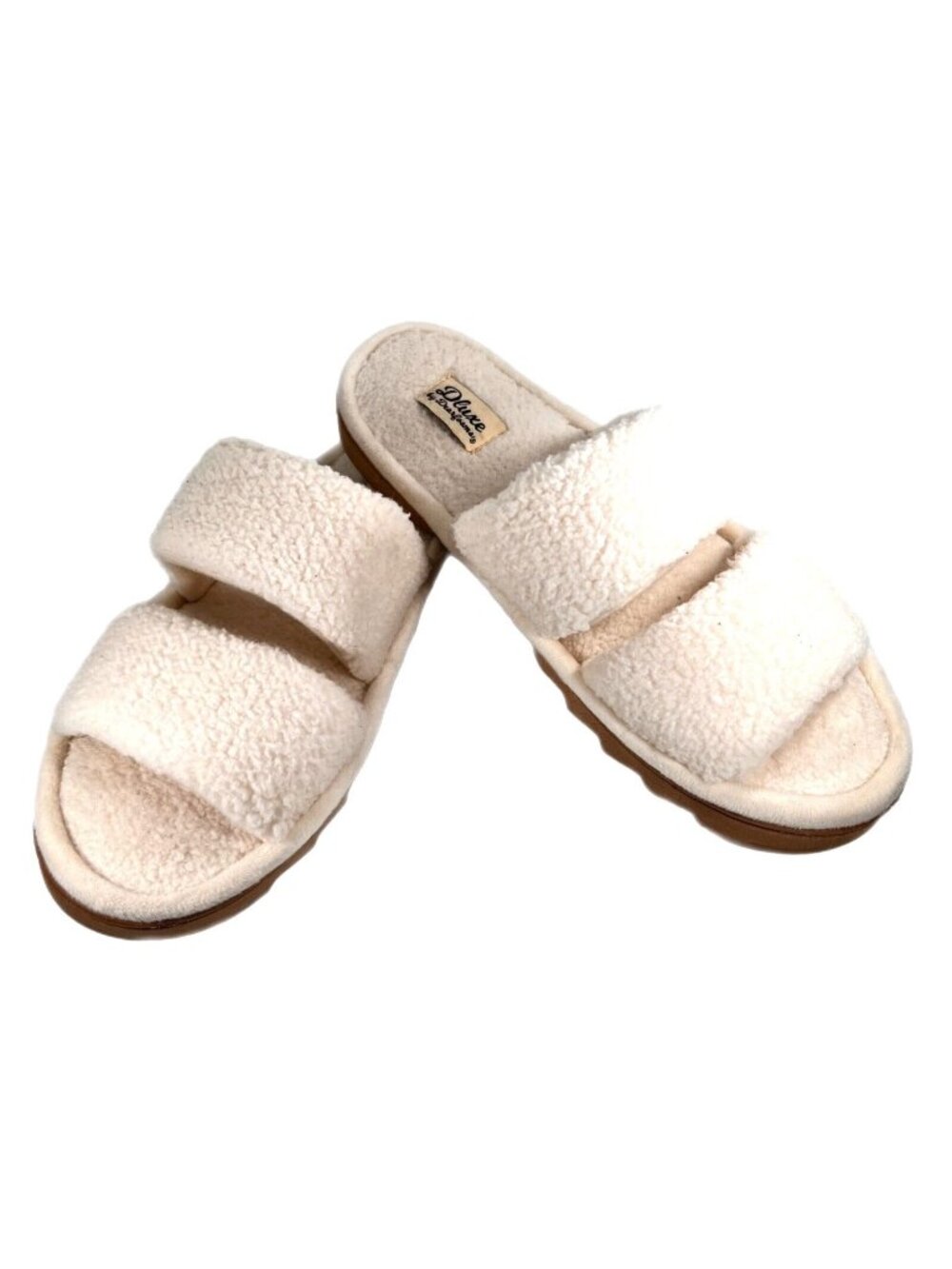 Womens dluxe by dearfoams Eliana Teddy Double Band Slide Slippers Cream XL 11-12